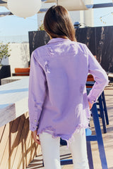 Plus Size Distressed Button Down Denim Jacket in Lavender